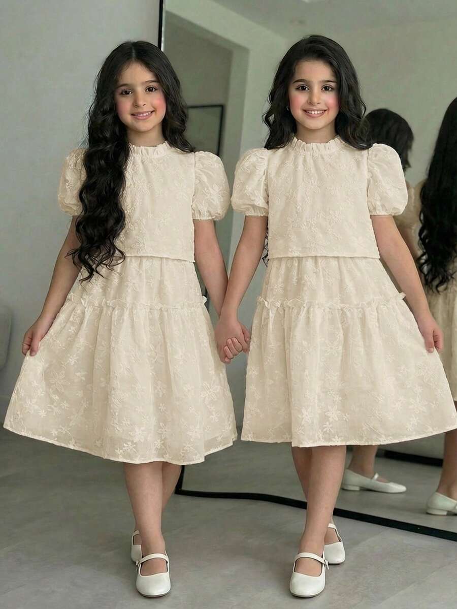 SHEIN Tween Girl Spring/Summer Korean Style Floral Short Sleeve Top With Ruffle Hem Simple Versatile Dress Set, Perfect For Outdoor Activities, Vacation, Friends Tween Girl - Apricot - View 1