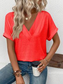 Fashionable Retro Casual Neon Red V-Neck Layered Collar Cuff Sleeve Women T-Shirt - Red - View 5