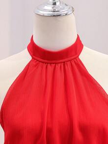 Summer Dress  Teen Girl Solid Color Ruffle Hem Halter Neck Dress Summer Outfits  Squishy Dress - Red - View 8