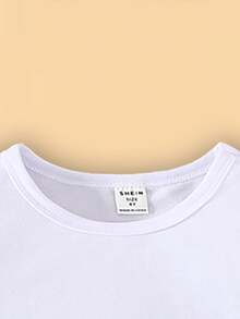 Spring/Summer Girls' Casual Fashionable Creative Fresh Simple Blue Floral Print Basic White Short-Sleeve T-Shirt, Comfortable For Everyday Wear - White - View 4