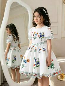 Glamorique Kids 春夏新款优雅甜美女童连衣裙，公主裙，白色底布，彩色复古花卉数码印花图案，方领短泡泡袖收腰连衣裙，适合甜美可爱的小女孩，尽显优雅高贵气质，田园风情。 - 白色 - 查看 5