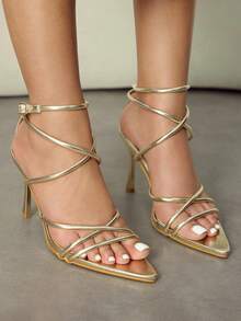 CUCCOO SZL Zapatos de mujer de tacón alto con puntera transparente de cristal, joya, dorados, para fiesta, trabajo y uso diario, sandalias de mujer con tacón alto y sin talón - Dorado - Ver 7