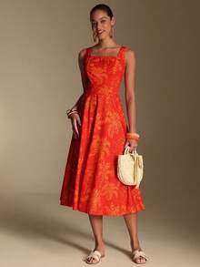 Swim Oasis 热带度假风 | 红色底橙色棕榈树印花方领长裙，适合海滩度假/三亚旅游/音乐节/海滩拍照 - 彩色 - 查看 6