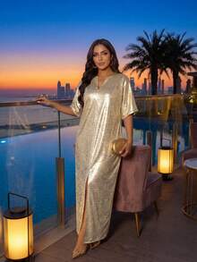 SHEIN Lady 节日连衣裙四季/婚礼宾客/教堂服装/舞会礼服/金色裙子/晚宴服装/金色女士缎面提花前开衩连衣裙，休闲派对优雅 - 金色 - 查看 5