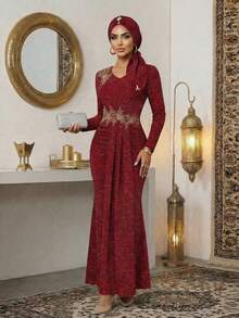 SHEIN Lady Wine Red V-Neck Sequin Patchwork Twist Front Fitted Elegant Long Sleeve Dress Weddings & Events Wedding Luxury Evening Dresses For Weddings Graduation Ceremony Party Graduation Dress Elegant Dresses Red Dress Red Dress For Women Sequin Spring Summer Red - Burgundy - View 6