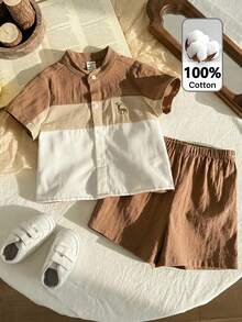 LMoss Kids Baby Boy Summer Colorblock Polo Collar Cardigan Top & Shorts Set,All Shades Of Brown,Casual,Family Matching Campus Style Outing Wear - Multicolor - View 2
