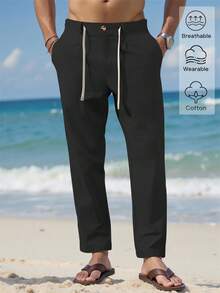 VENTUSAIL Pantalones lisos con cordón en la cintura, pantalones largos entallados de lino, lisos y frescos para salir, otoño - Negro - Ver 4
