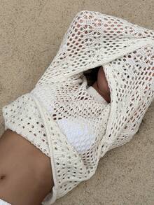 DAZY Women's Round Neck Hollow Out Loose Knit Sweater, Vacation & Casual Street Style, Spring & Summer - Beige - View 1