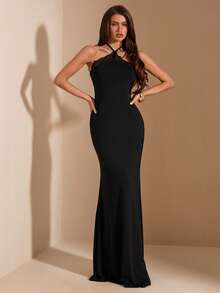SHEIN BAE Đầm dệt kim dáng đuôi cá cổ yếm viền ren đen dành cho nữ, thích hợp cho mùa xuân/hè. - màu đen - Xem 3