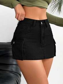 SHEIN PETITE CURVE 大码女式高腰工装口袋休闲牛仔迷你裙 - 黑色 - 查看 1