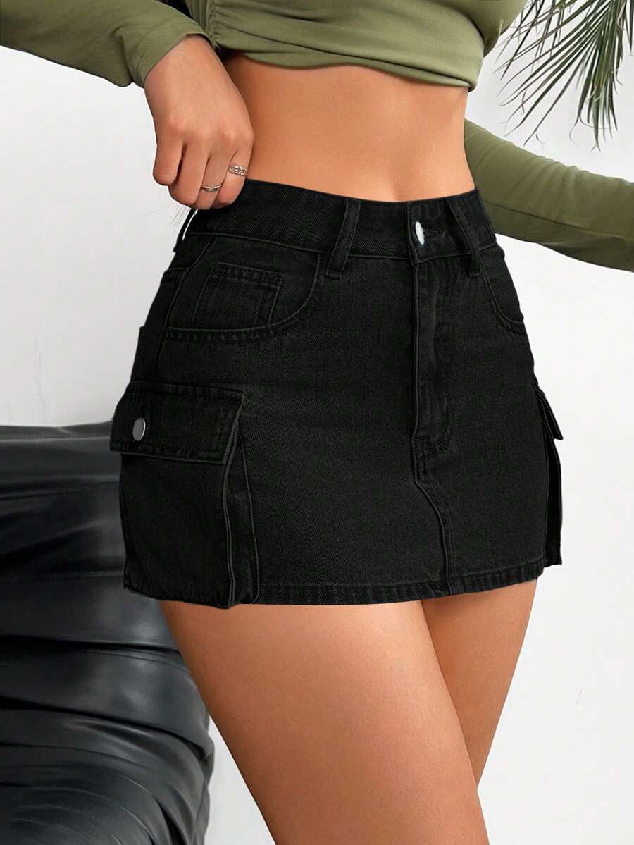 SHEIN PETITE CURVE 大码女式高腰工装口袋休闲牛仔迷你裙 - 黑色 - 查看 1