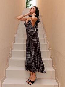 Bris Aura 女士圆点印花露背吊带连衣裙 - 棕色 - 查看 6