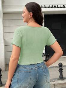 SHEIN EZwear Áo thun cổ chữ V màu xanh bạc hà trơn dành cho phụ nữ cỡ lớn - Màu xanh Bạc hà - Xem 2