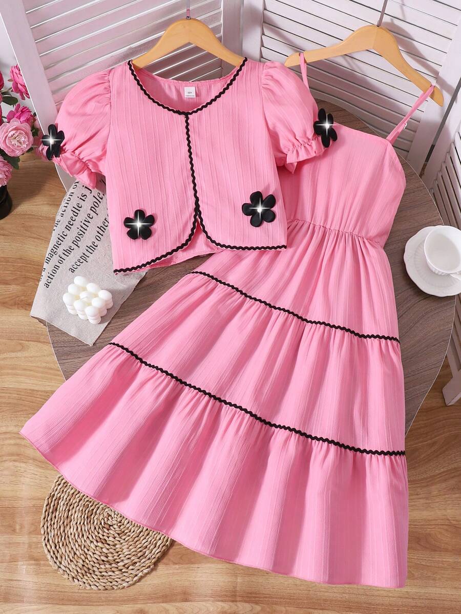 2pcs/Set Girls' Elegant Vacation Style Outfit, Solid Color Textured Puff Sleeve Shirt And Cami Dress Set, Contrast Floral Trim Design, Suitable For Spring/Summer Travel And Beach Wear - Hot Pink - View 1