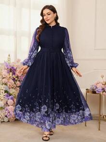 Modelyn 女士印花网纱长袖A字收腰浪漫度假优雅大码连衣裙 - 藍色 - 查看 3