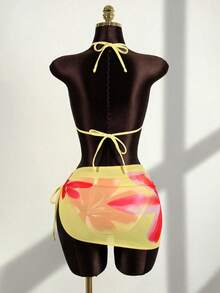 Zestiva 女士印花露背系带性感比基尼三件套，适合海滩度假 - 黃色 - 查看 2