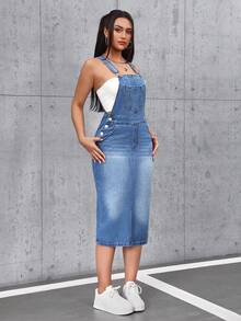 SHEIN Tall Women's Solid Color Minimalist Casual Sleeveless Denim Dress - Blue - View 3