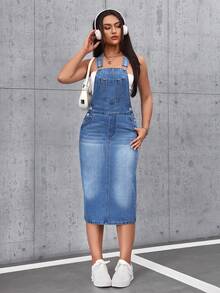 SHEIN Tall Women's Solid Color Minimalist Casual Sleeveless Denim Dress - Blue - View 1