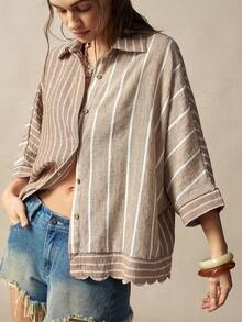 Bohemela Casual Woven Striped Patchwork Loose Fit Women's Shirt - Khaki - View 6