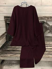 EMERY ROSE Casual Burgundy Plain Two Piece Outfit For Women With V Neck Regular Three Quarter Sleeve Blouse And Long Pants Pockets Detail - Burgundy - View 2