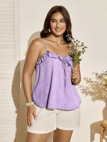 SHEIN LUNE Plus Size Women Solid Color Frill Trim Front Tie Camisole - Purple - View 4