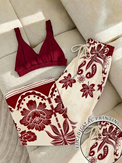 Resyla 2pcs/Set Women Casual Solid Color Cropped Camisole Top And Floral Print Wide Leg Pants