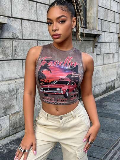 Slouenne Slouenne Áo tank top dệt kim in họa tiết xe đua, kiểu nhuộm tie-dye dành cho nữ