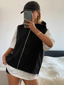 DAZY 女士宽松纯色连帽拉链休闲运动度假背心外套，夏季 - 黑色 - 查看 5