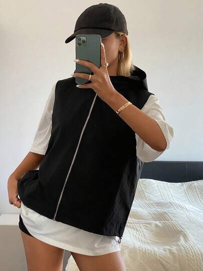 DAZY 女士宽松纯色连帽拉链休闲运动度假背心外套，夏季