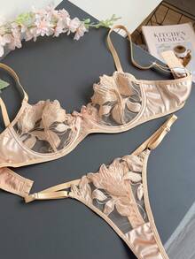 Women's Embroidered Mesh Bow Decor Sexy Lingerie Set - Champagne - View 5