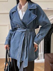 DAZY 女士翻领长袖短款牛仔风衣、牛仔夹克、秋季女装 - 中等水洗藍 - 查看 7