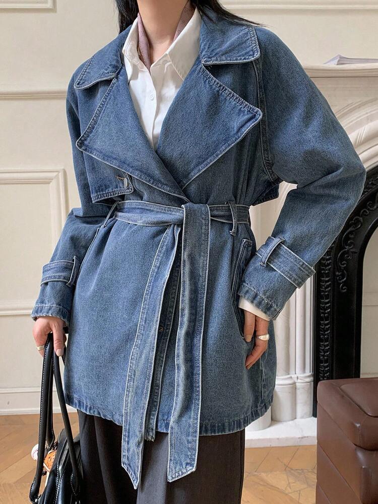 Women's Lapel Collar Long Sleeve Cropped Denim Windbreaker,Jeans Jacket,Fall Women Clothes