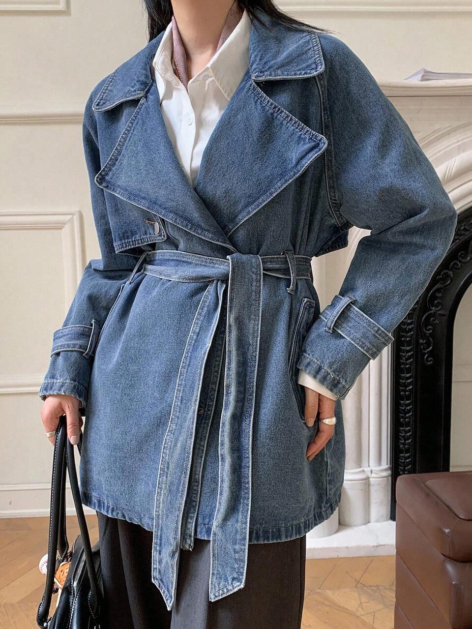 Women's Lapel Collar Long Sleeve Cropped Denim Windbreaker,Jeans Jacket,Fall Women Clothes