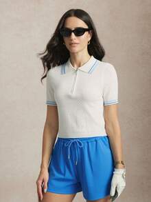 Activina Printemps Été Femmes Golf & Tennis blocs de couleurs Rayé Imprimé Demi-Zip Manches Courtes Pull Sport Femmes Tenues de Golf Polo Femme Été Polo Femme Été Glowmode Tenues d'Été Femme Tenue de Tennis Femme - Blanc - Voir 4