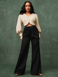 Pantalones elegantes de cintura alta con diseño plisado y corte acampanado para mujer - Negro - Ver 7