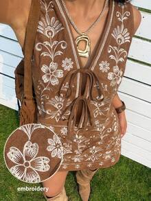 SHEIN EZwear Women's Summer Music Festival Bohemian Floral Embroidery Tie Front Sleeveless Top And Skirt 2-Piece Set - Camel - View 7