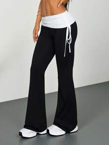 SHEIN PETITE 女士秋冬街头风复古侧抽绳Y2K喇叭裤，百搭黑白小码喇叭裤 - 黑色 - 查看 5