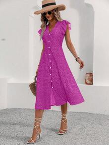 EMERY ROSE 女士时尚V领系带腰身开衩下摆夏季度假连衣裙，新年服装，长款度假沙滩装 - 紫色 - 查看 5