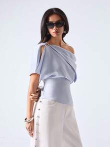 2026 Blusa elegante de mujer con cuello asimétrico y cintura ceñida, para verano - Celeste - Ver 4