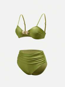 Swim Oasis Women Olive Green 3 Pieces Swimwear Set, Solid Color Minimalist Summer Casual Beach Holiday Vacation Holiday Swimwear, Daily Wear Vacation Style Outfit - Green - View 6