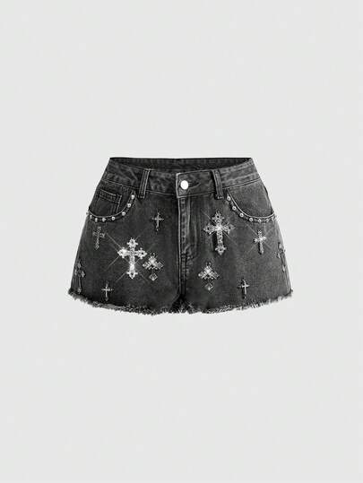 ROMWE Grunge Punk Quần short denim nữ cạp thấp, gợi cảm, họa tiết hình chữ thập, gấu quần tua rua theo phong cách Y2K.