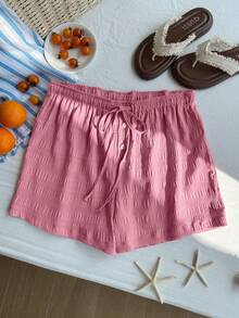 SHEIN EZwear Plus Size Pastel Pink,Summer,Smart Casual,Everyday Textured Tie-Waist Shorts,Ruffle Gingham Striped Checkered Plaid Casual Shorts With Pockets - Watermelon Pink - View 6