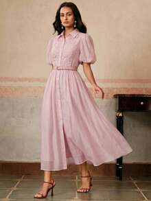 Vestido midi morado con volantes y estampado floral en patchwork, con cintura estilizadora, adecuado para vacaciones y ocasiones de fiesta, primavera/verano - Rosa - Ver 3