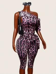 BamGleam 女士夏季豹纹无袖系腰修身七分连体裤 - 粉色 - 查看 4