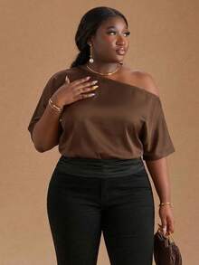 Black Casual Slash Shoulder Asymmetrical T-Shirt, Versatile For Daily Wear, Dating, Afternoon Tea, Hanging Out With Friends, All-Matching Occasions One Shoulder Top Plus - Brown - View 3