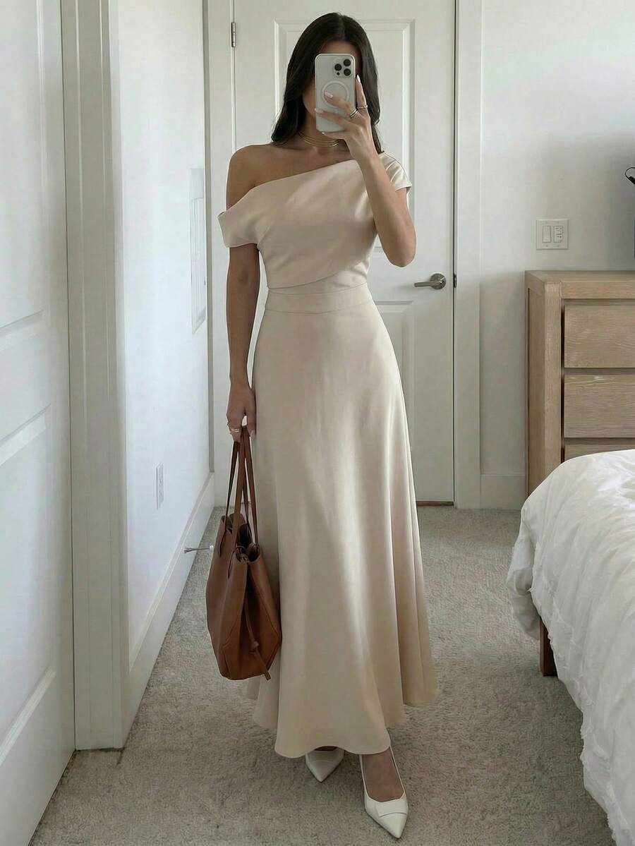 Firerie Váy maxi màu mơ dịu dàng dành cho nữ, váy xòe cổ xếp ly thanh lịch, váy maxi cổ lệch không tay, phù hợp cho mùa xuân, mùa hè, mùa thu, mùa đông, trang phục đi biển, phong cách sân bay, trang phục nghỉ dưỡng, thanh lịch, đi làm, gợi cảm, mùa cưới, lễ tốt nghiệp, tiệc tốt nghiệp, trang phục biểu diễn, hòa nhạc, trang phục công sở, trở lại trường, trang phục nghỉ dưỡng dành cho nữ, váy sinh nhật dành cho nữ, trang phục giáo viên nữ
