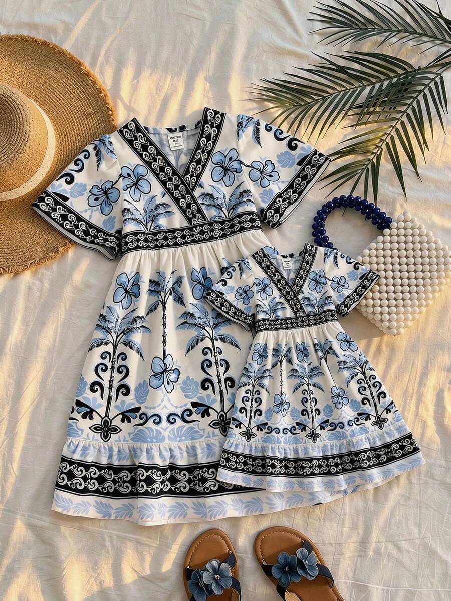 SHEIN 少女白色夏季海灘度假洋裝，小碎花熱帶棕櫚樹印花 V 領短袖波希米亞風迷你洋裝，適合少女與青少年 - 藍白色 - 查看 1