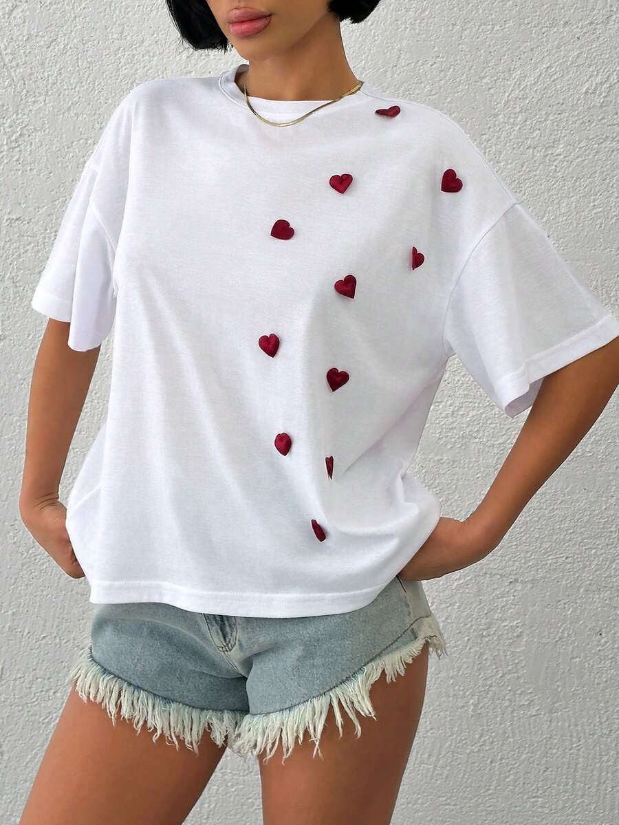 EURMUSE White Women's T-Shirt – Applique Red Hearts, Short Sleeve, 100% Cotton - White - View 1
