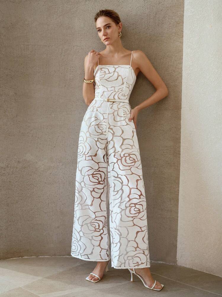 SUMMER ARTISTIC ROSE TEXTURE CAMISOLE JUMPSUIT, ELEGANT WAIST-CINCHING SLIMMING HIGH-END DESIGN FOR WOMEN