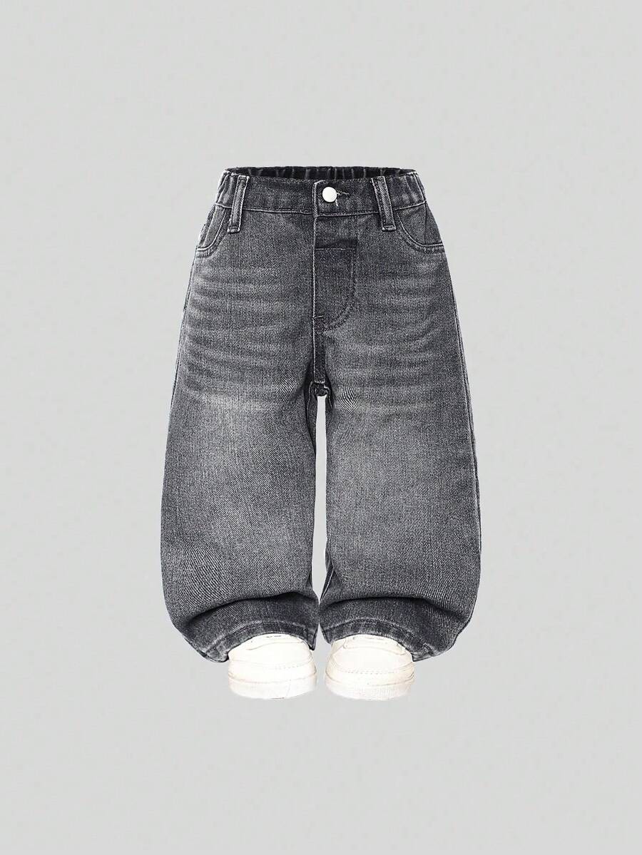 SHEIN Playful Pals Celana Jeans Kasual Serbaguna Gaya Y2K Streetwear untuk Anak Perempuan, Model Chic, Longgar, Lurus, Warna Biru Pudar, Nyaman, Cocok untuk Pemakaian Sehari-hari - Dark Grey - View 1